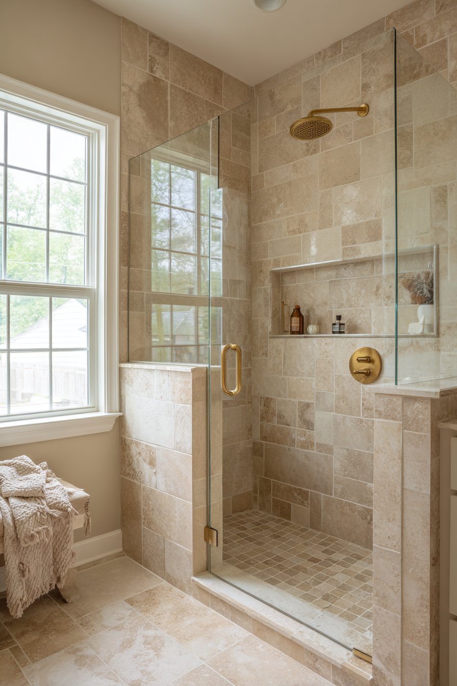 Spacious Walk-In Shower with Warm Beige Limestone