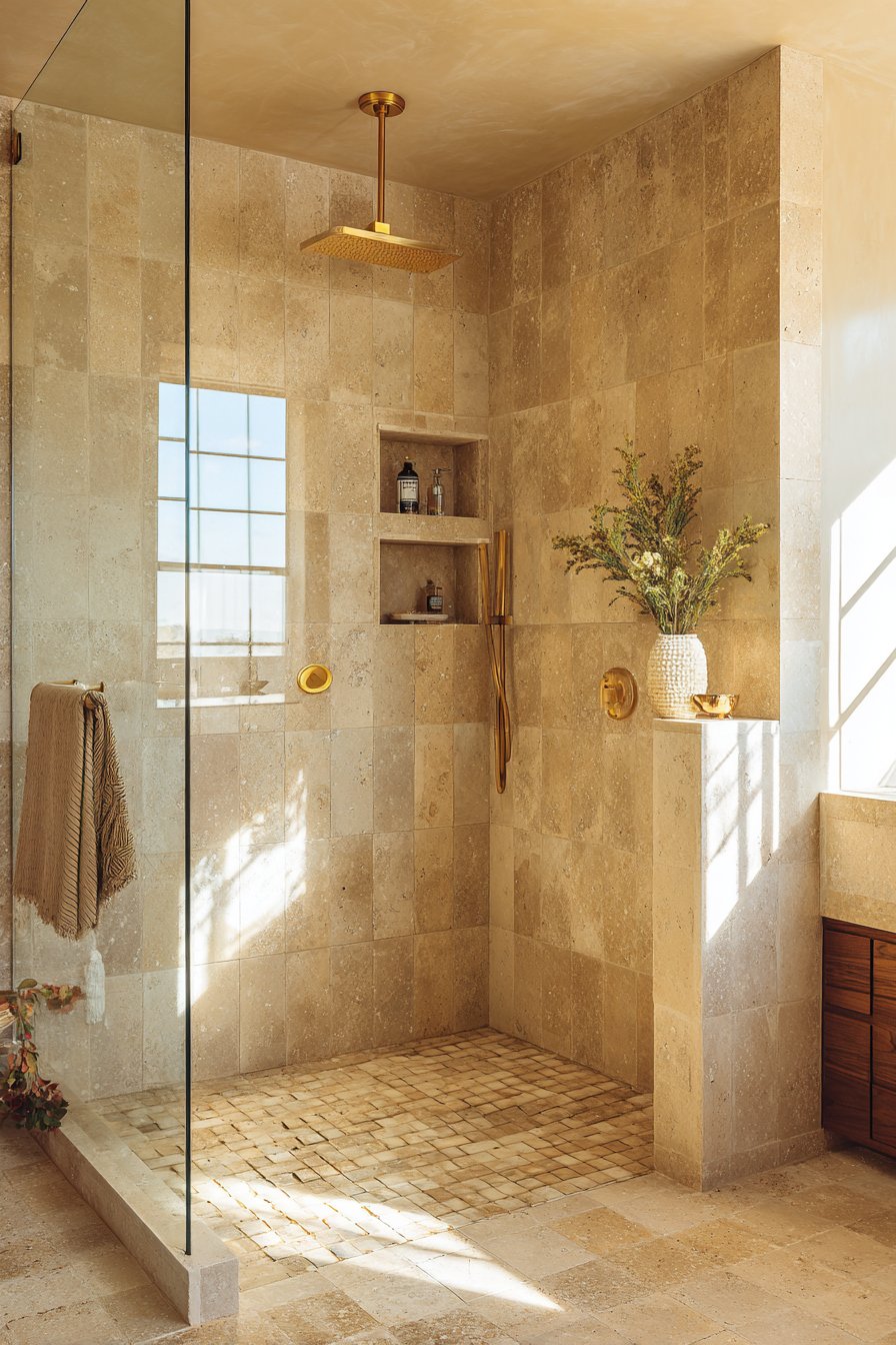 Spacious Walk-In Shower with Warm Beige Limestone