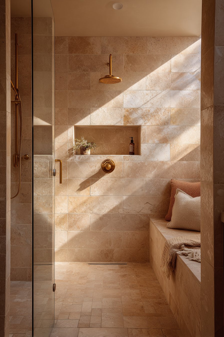 Spacious Walk-In Shower with Warm Beige Limestone