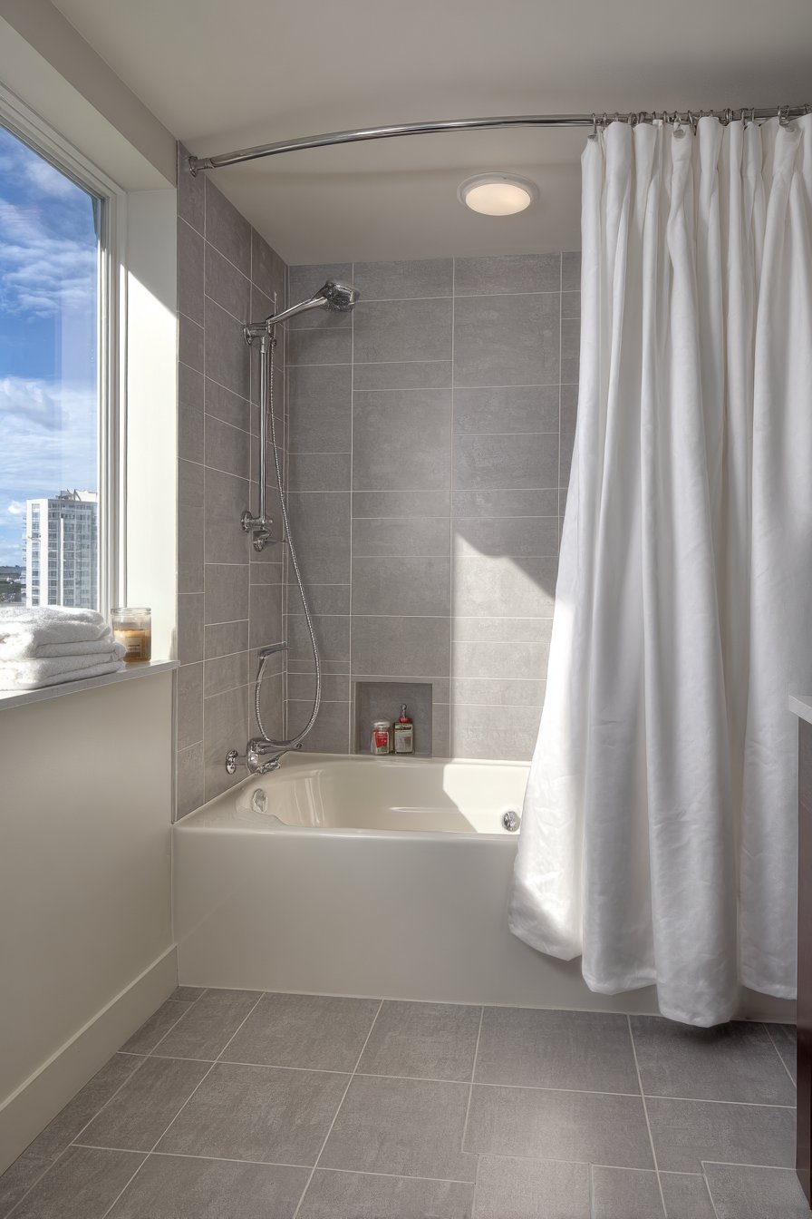 Tub-Shower Combination with Curved Tension Rod