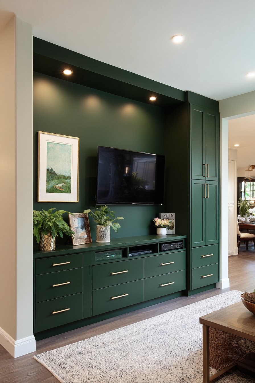 Modern Entertainment Center with Matte Green Cabinetry