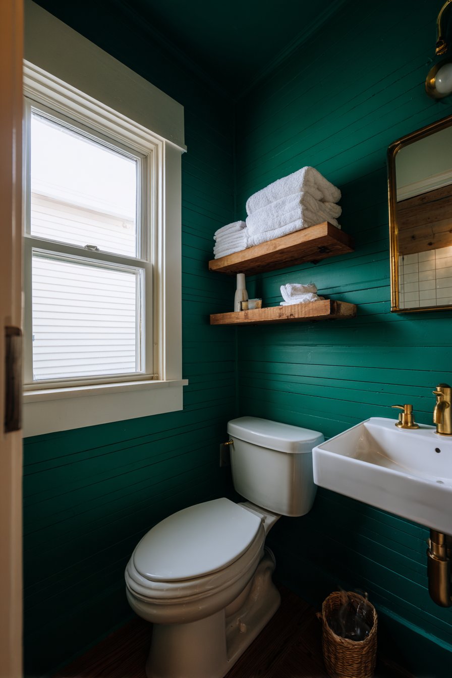 Compact Emerald Bathroom with Shiplap Charm