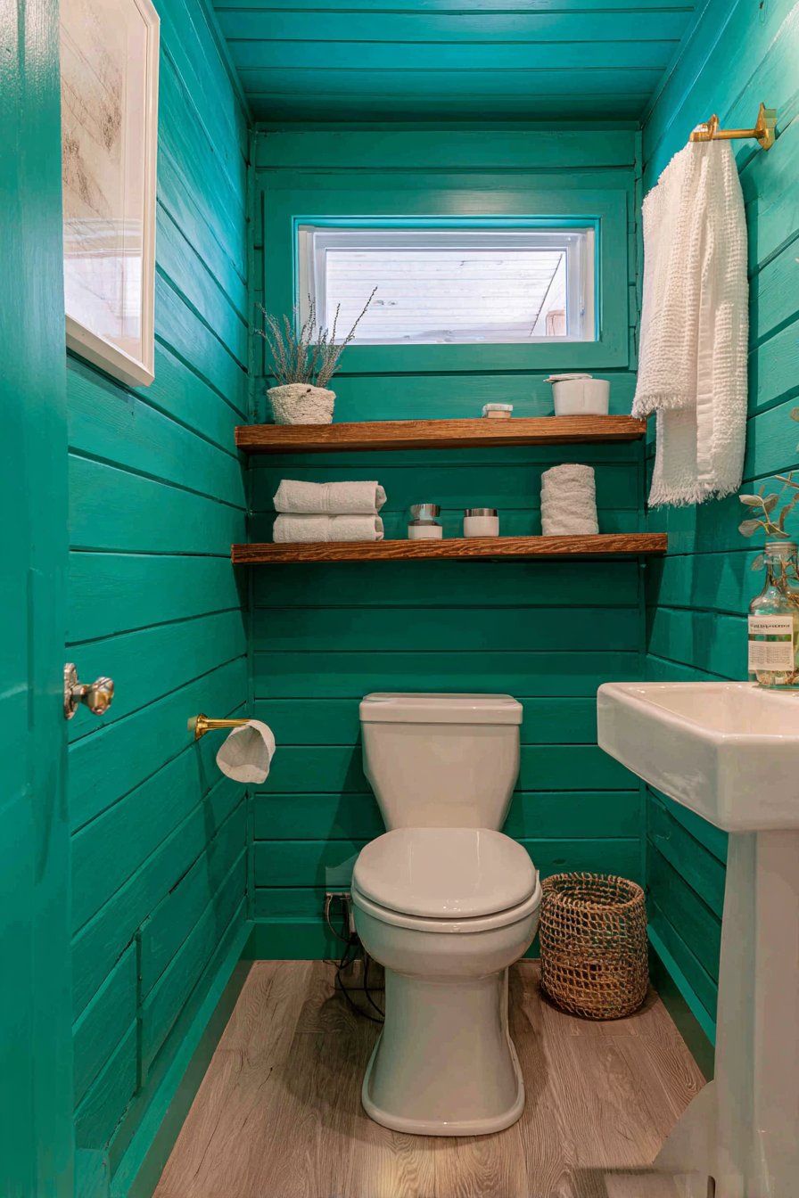 Compact Emerald Bathroom with Shiplap Charm