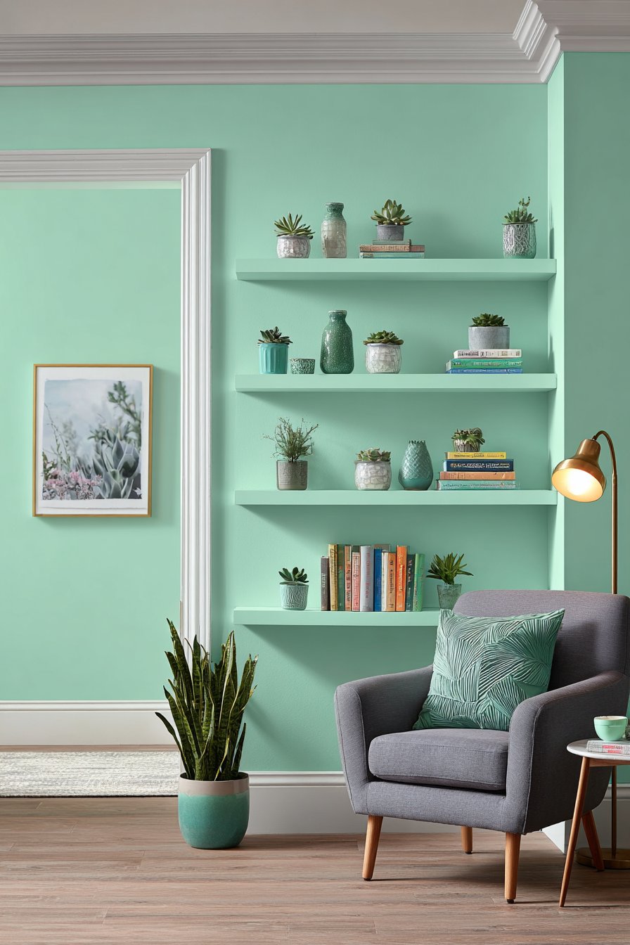 Mint Green Built-In Shelving Showcase