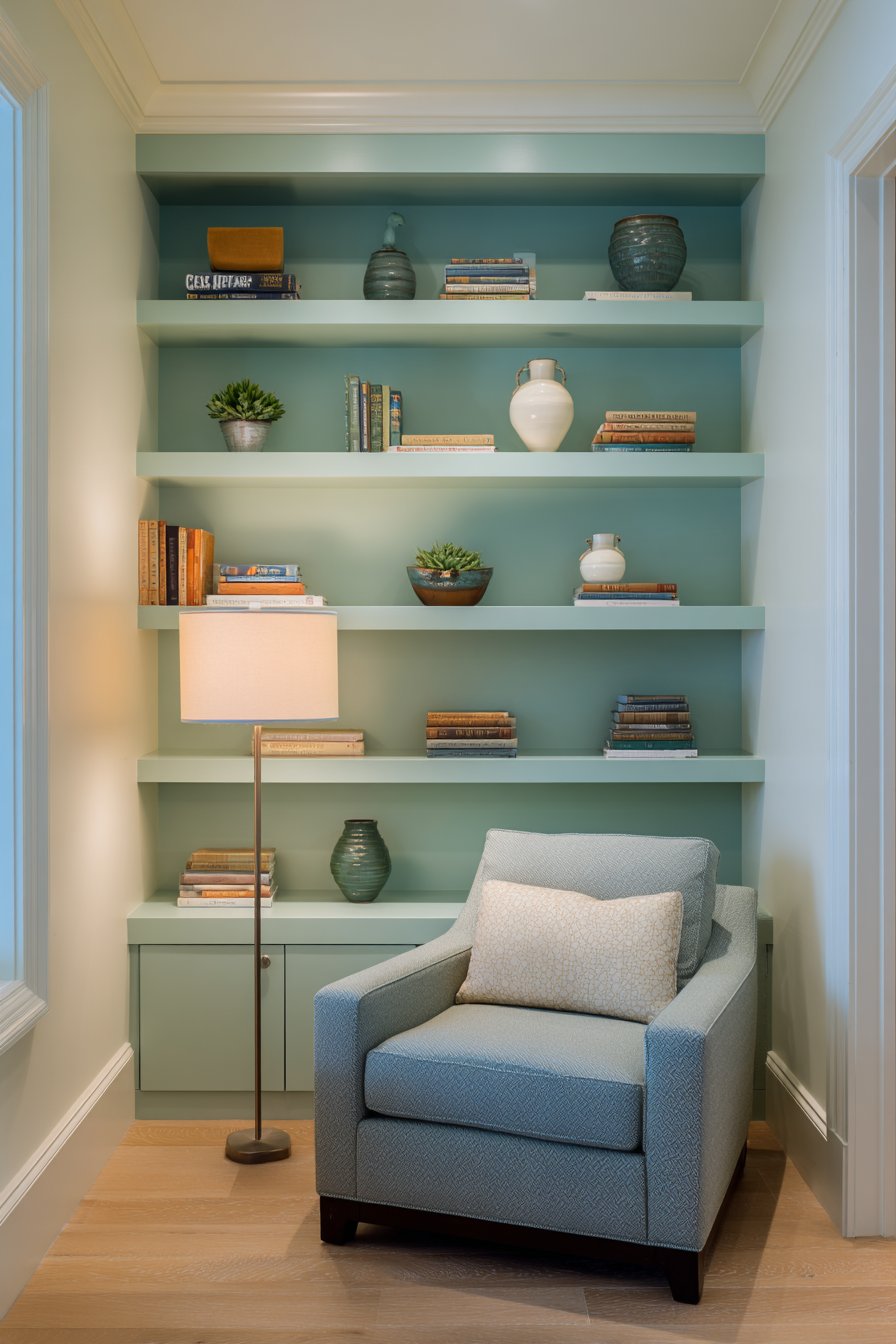 Mint Green Built-In Shelving Showcase