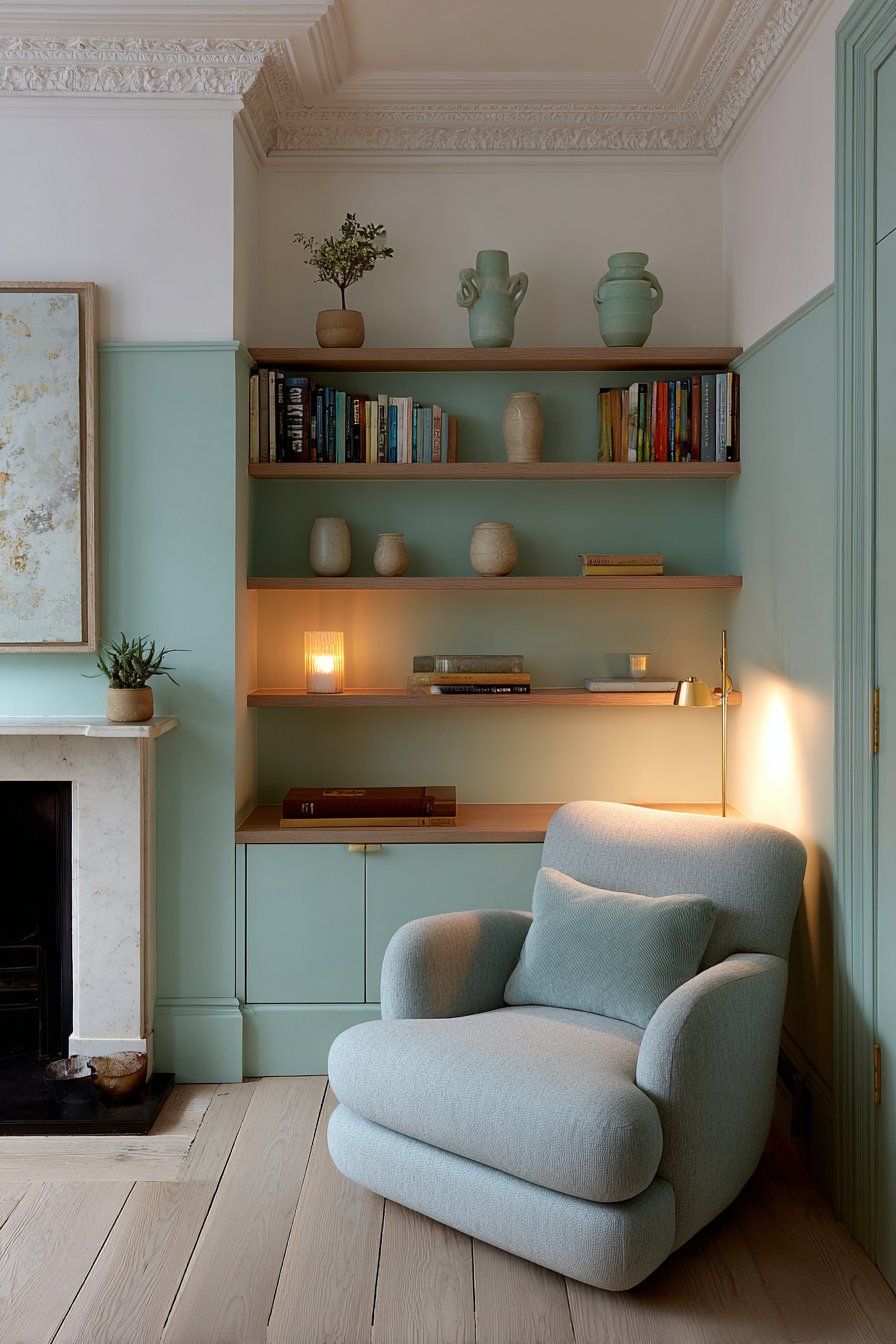 Mint Green Built-In Shelving Showcase