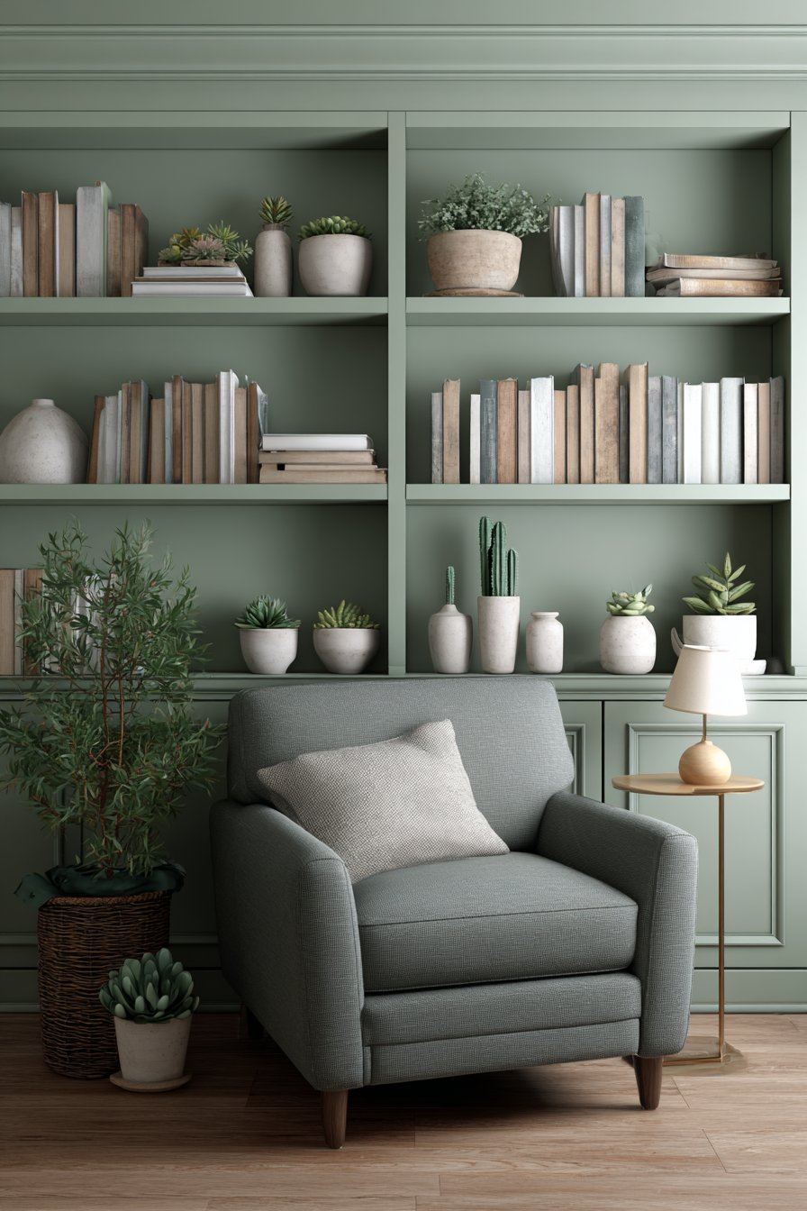 Mint Green Built-In Shelving Showcase