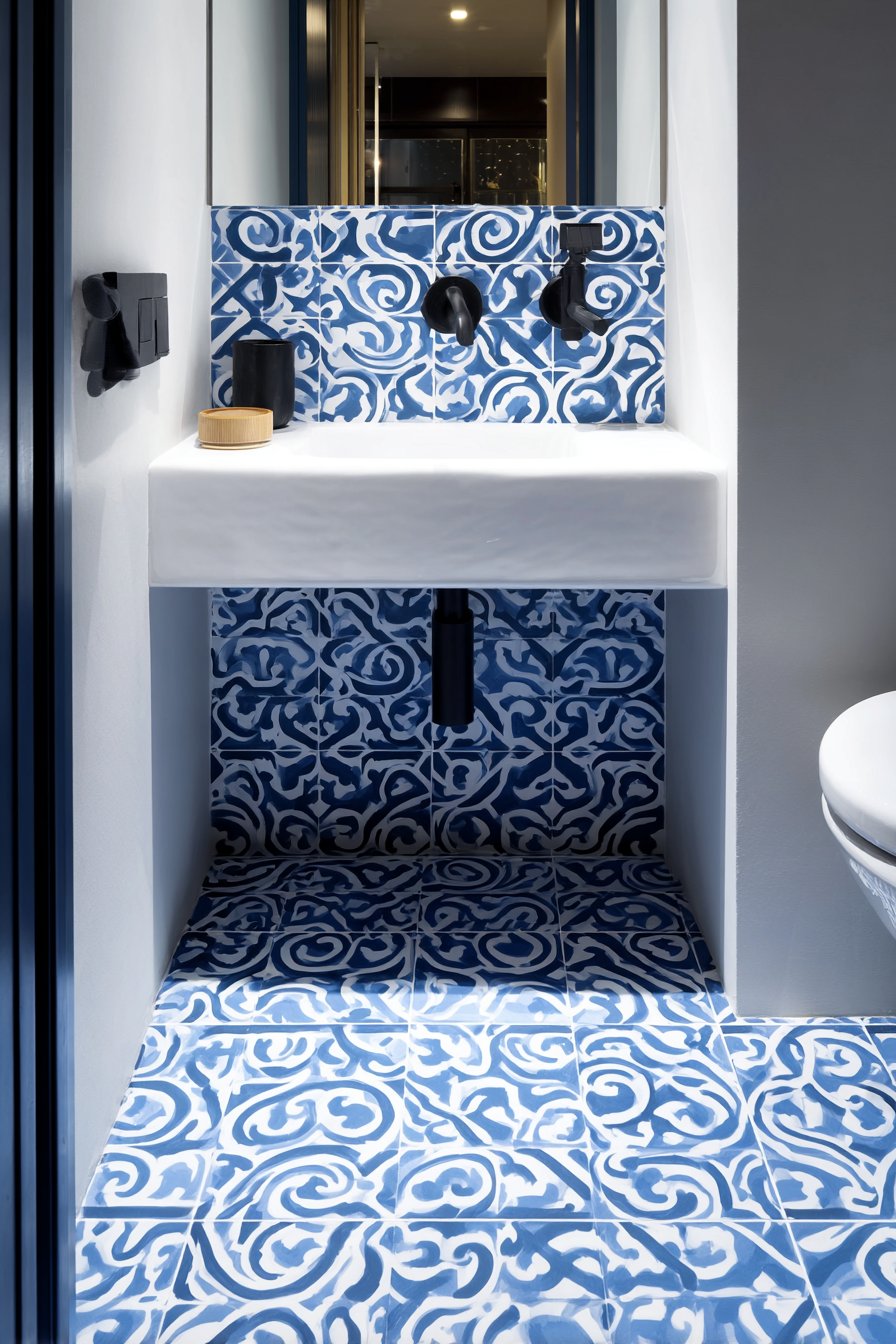 Bold Cobalt Geometric Floor Statement