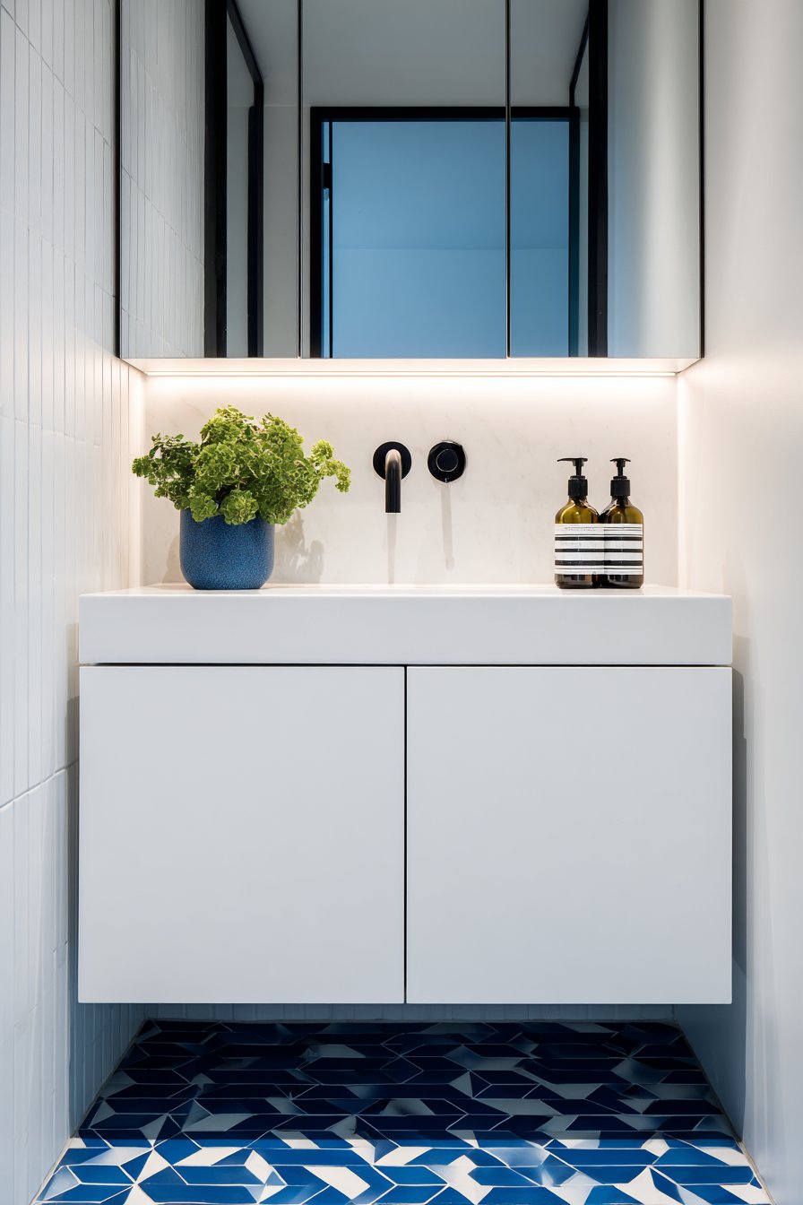 Bold Cobalt Geometric Floor Statement