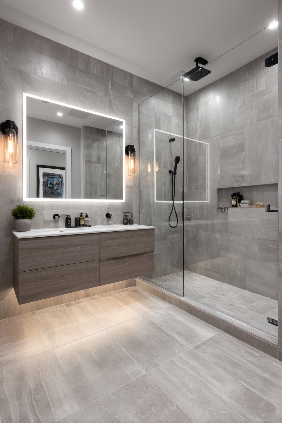 Contemporary Wet Room with Walnut Warmth