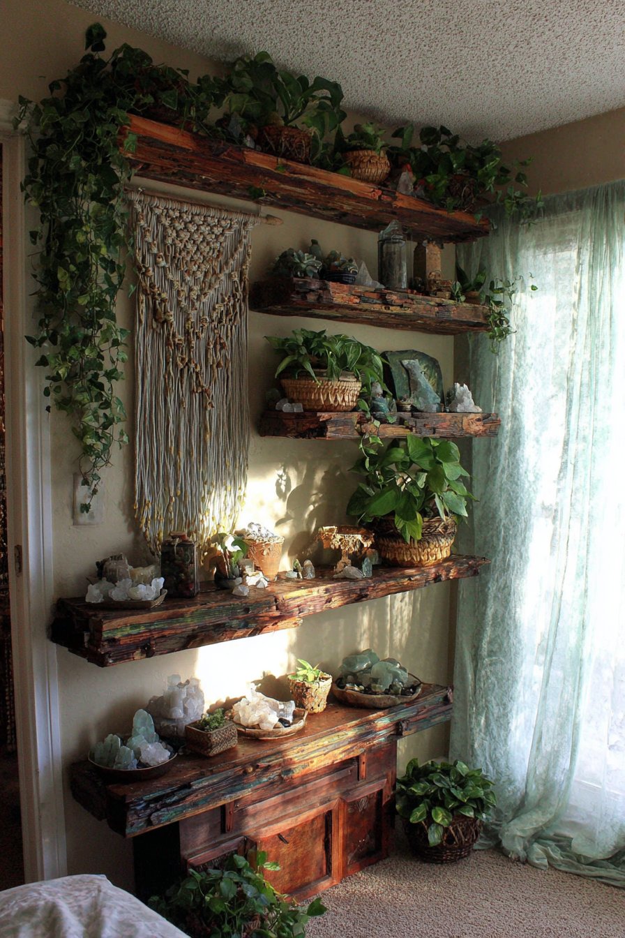 Bohemian Eclectic Spirit with Reclaimed Wood Floating Shelves