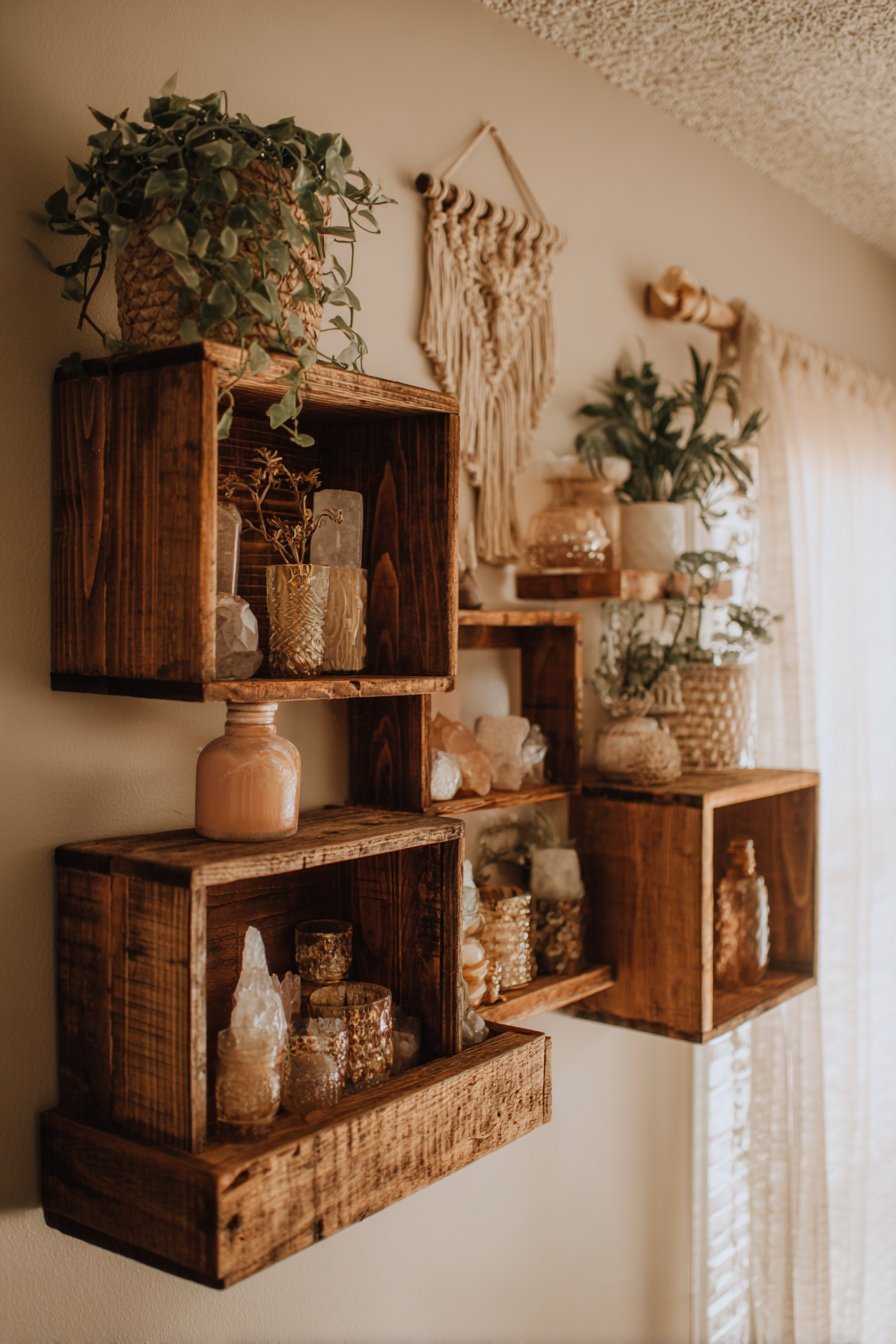 Bohemian Eclectic Spirit with Reclaimed Wood Floating Shelves