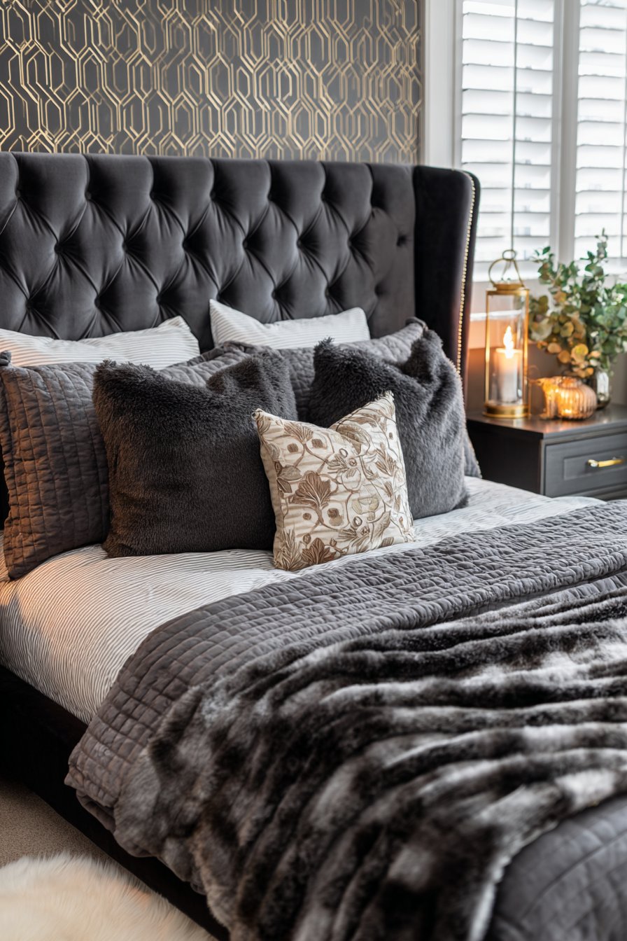 Sophisticated Grey Bedroom with Statement Headboard
