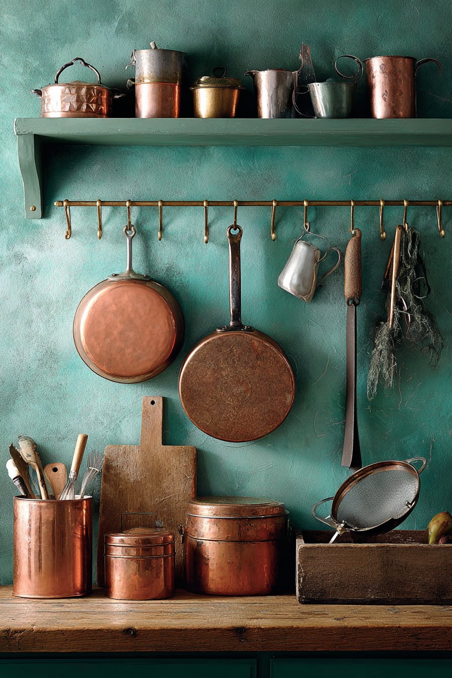 Copper Cookware Display on Sage Green Walls