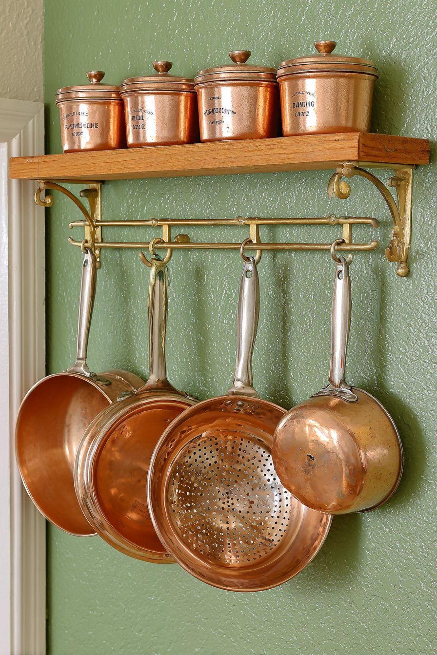 Copper Cookware Display on Sage Green Walls