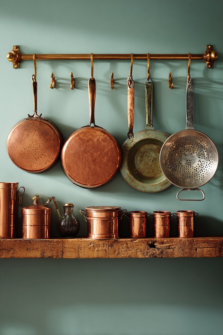 Copper Cookware Display on Sage Green Walls