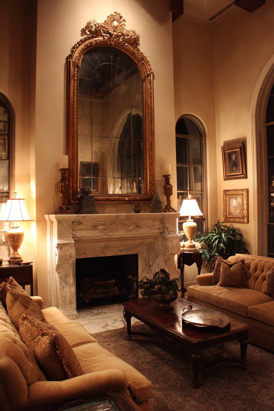 Traditional Baroque Mirror Above the Fireplace