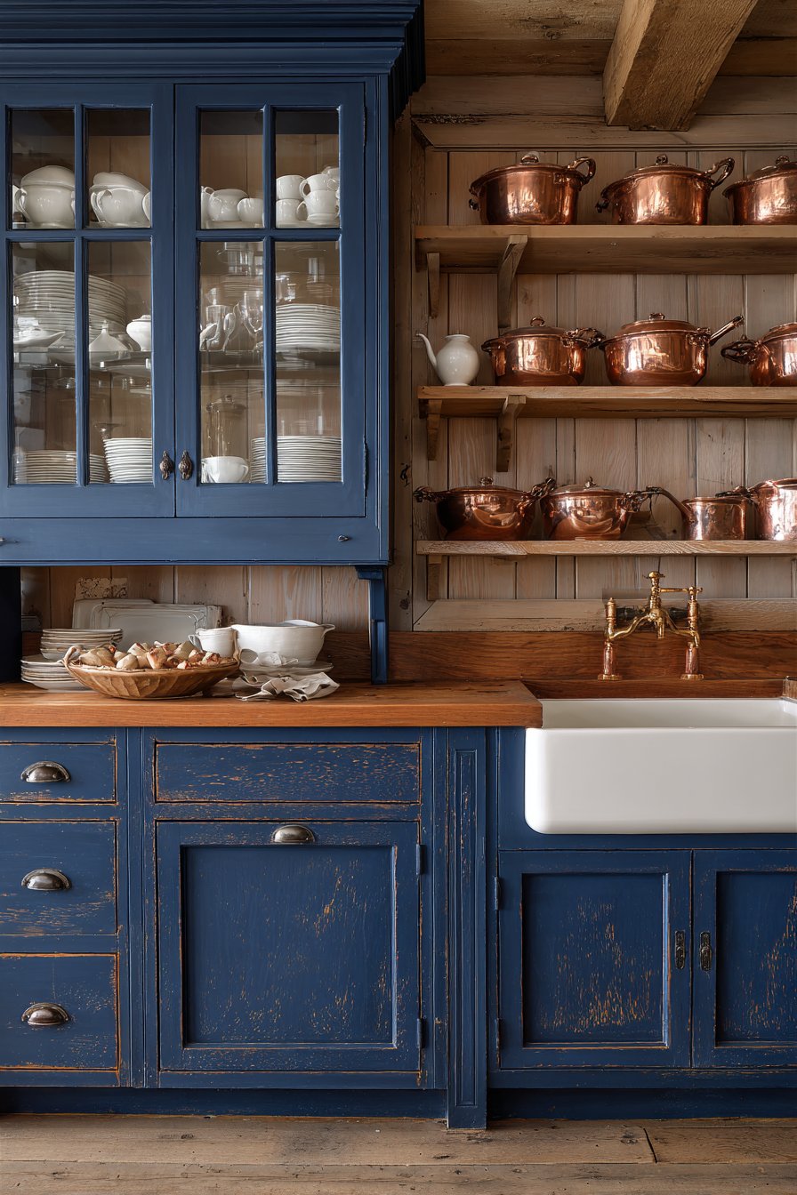  Farmhouse Charm Meets Navy Blue Kitchen Cabinets with Rustic Details