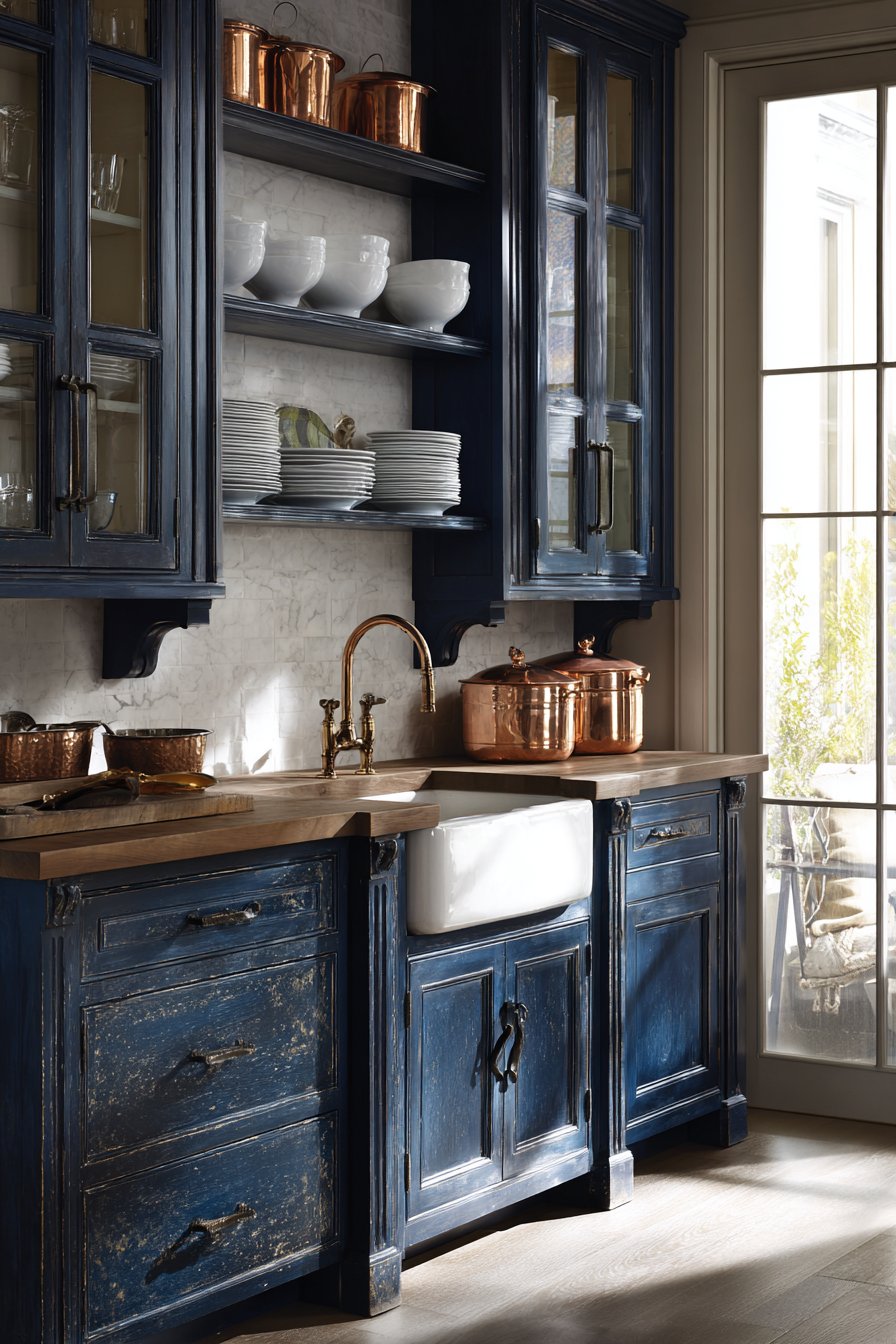  Farmhouse Charm Meets Navy Blue Kitchen Cabinets with Rustic Details