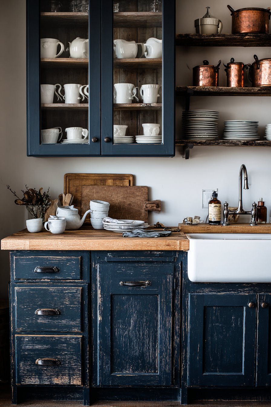  Farmhouse Charm Meets Navy Blue Kitchen Cabinets with Rustic Details