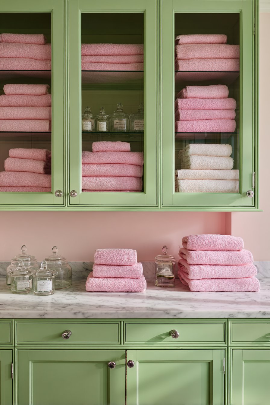 Practical Storage Solutions with Mint Cabinetry and Pink Accents