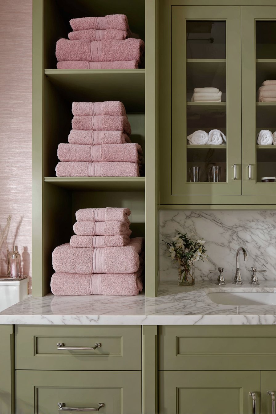 Practical Storage Solutions with Mint Cabinetry and Pink Accents