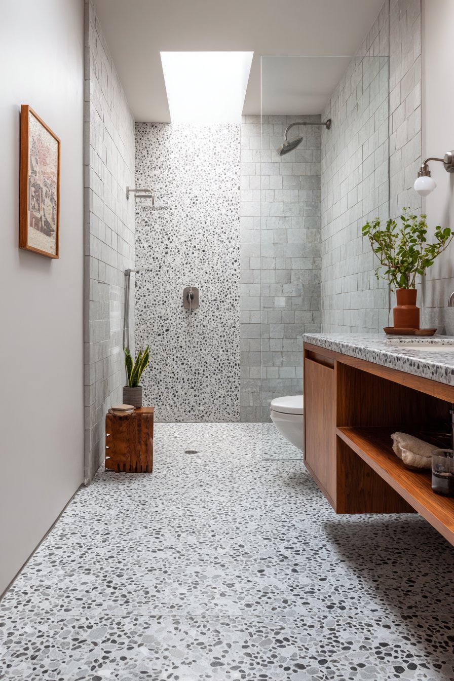 Space-Saving Compact Bathroom with Grey Terrazzo Continuity