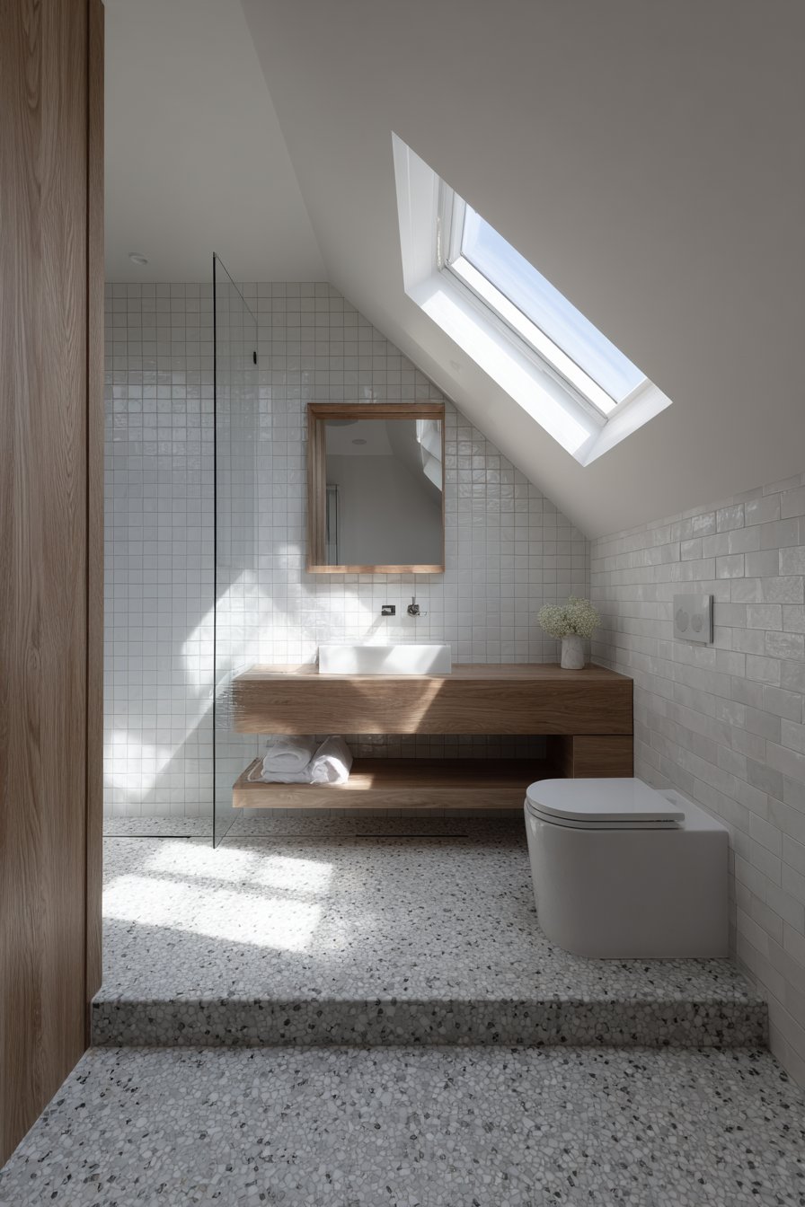 Space-Saving Compact Bathroom with Grey Terrazzo Continuity