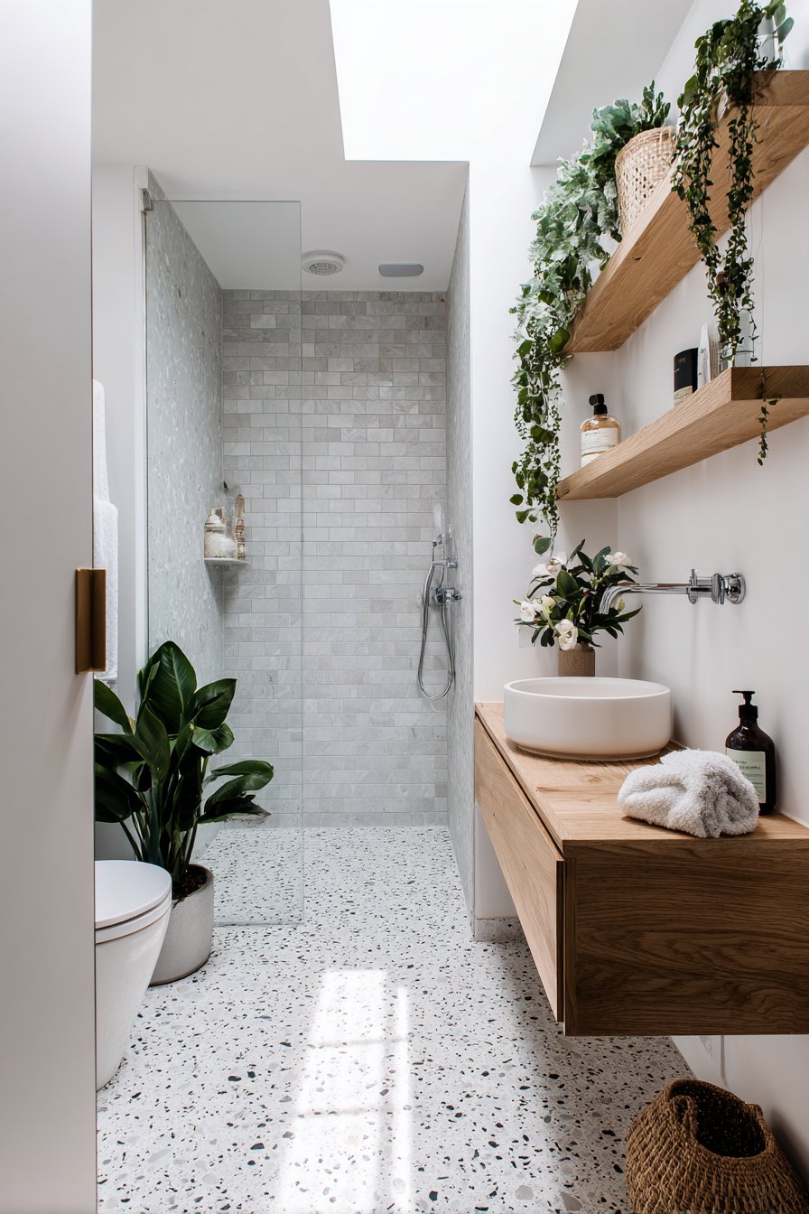 Space-Saving Compact Bathroom with Grey Terrazzo Continuity