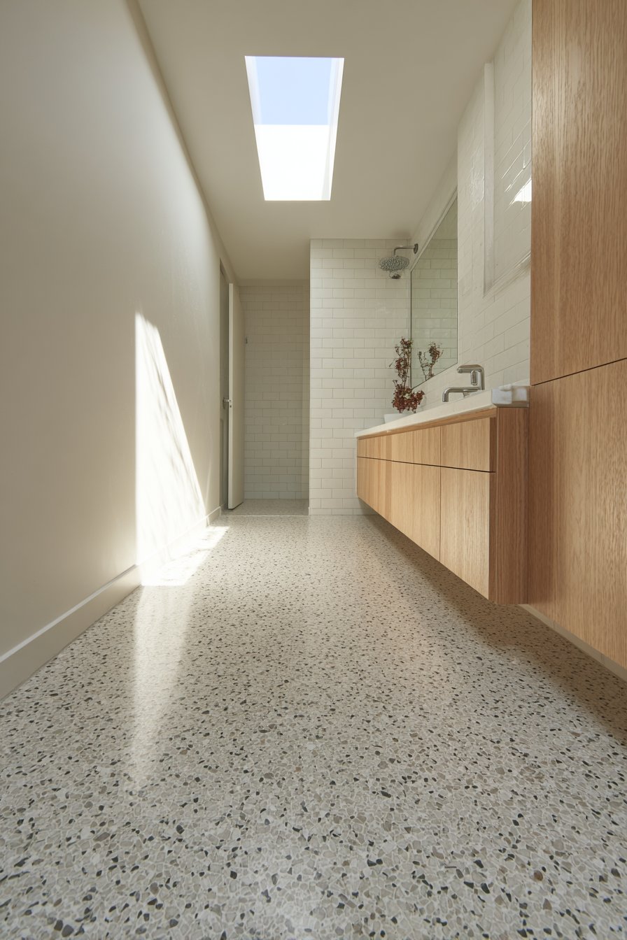Space-Saving Compact Bathroom with Grey Terrazzo Continuity