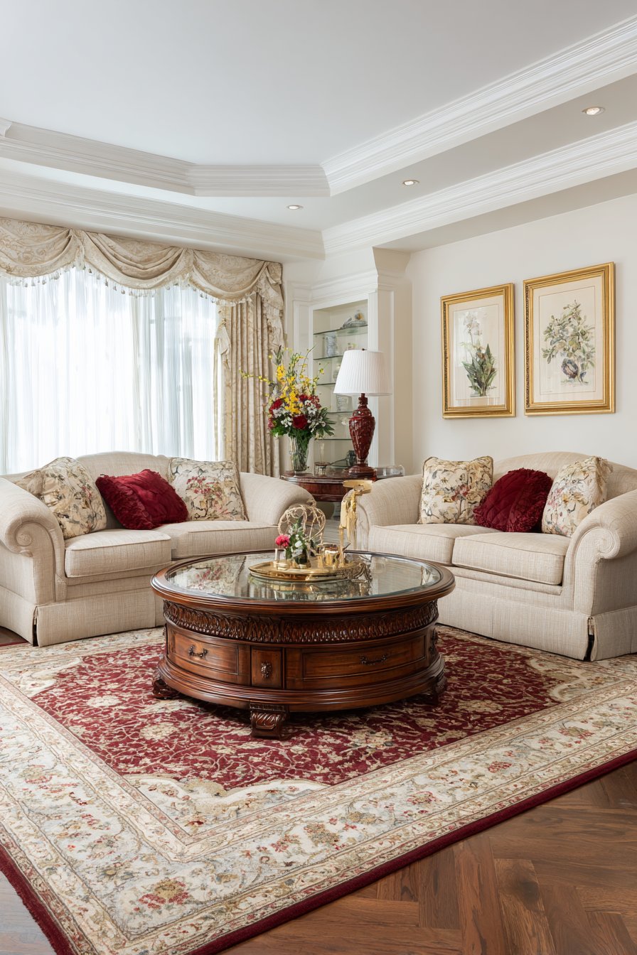 Dual Sofa Conversation Area with Medallion Rug Drama