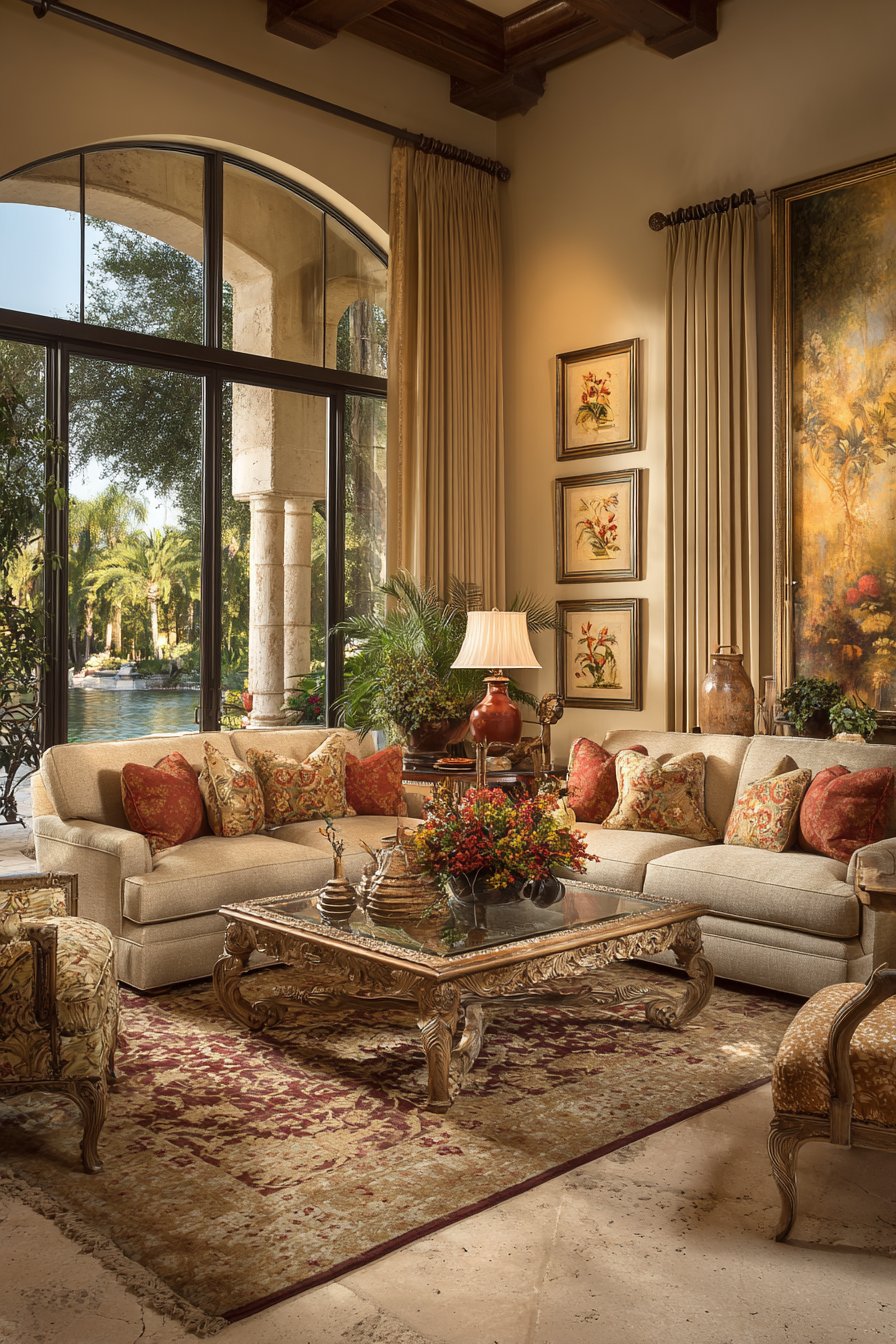 Dual Sofa Conversation Area with Medallion Rug Drama