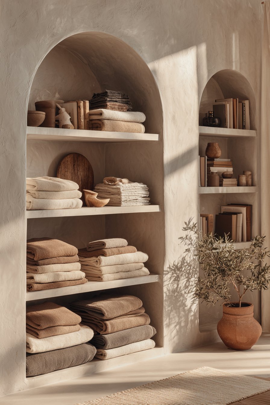 Recessed Shelving with Warm Grey-Beige Storage Solutions