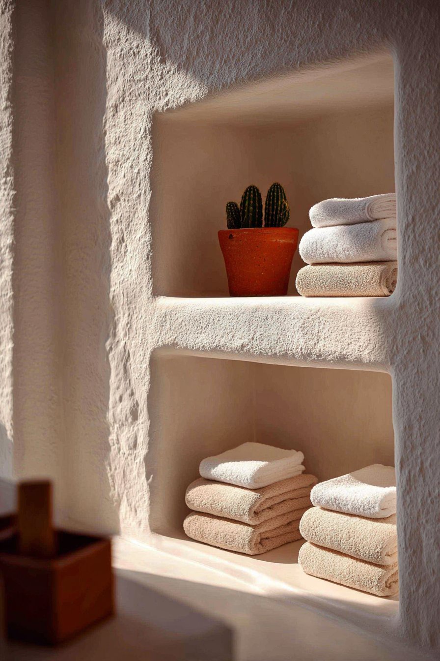 Recessed Shelving with Warm Grey-Beige Storage Solutions