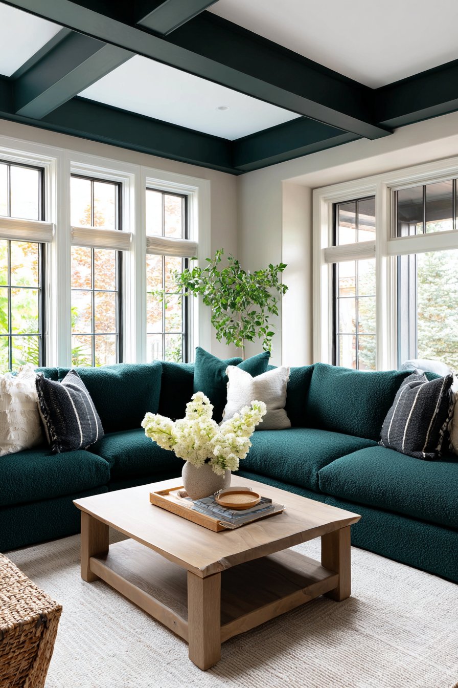 Dramatic Jade Green Sectional with Unexpected Ceiling Treatment