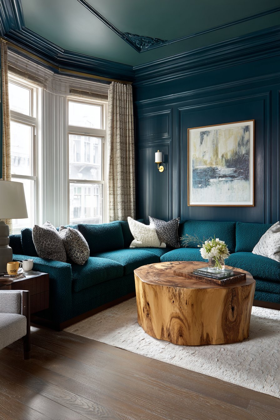 Dramatic Jade Green Sectional with Unexpected Ceiling Treatment