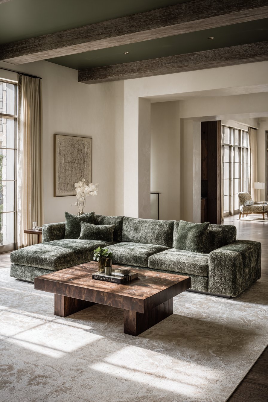 Dramatic Jade Green Sectional with Unexpected Ceiling Treatment