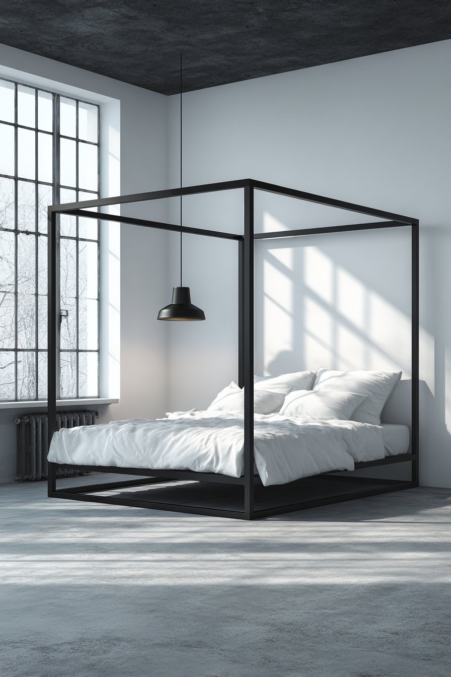 Minimalist Black Metal Four-Poster Bed Frame