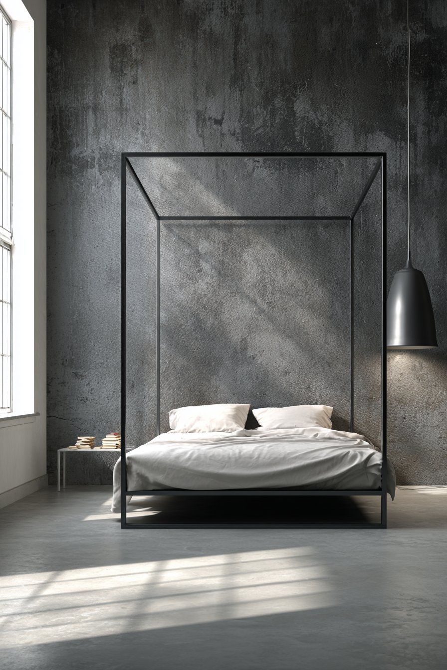 Minimalist Black Metal Four-Poster Bed Frame