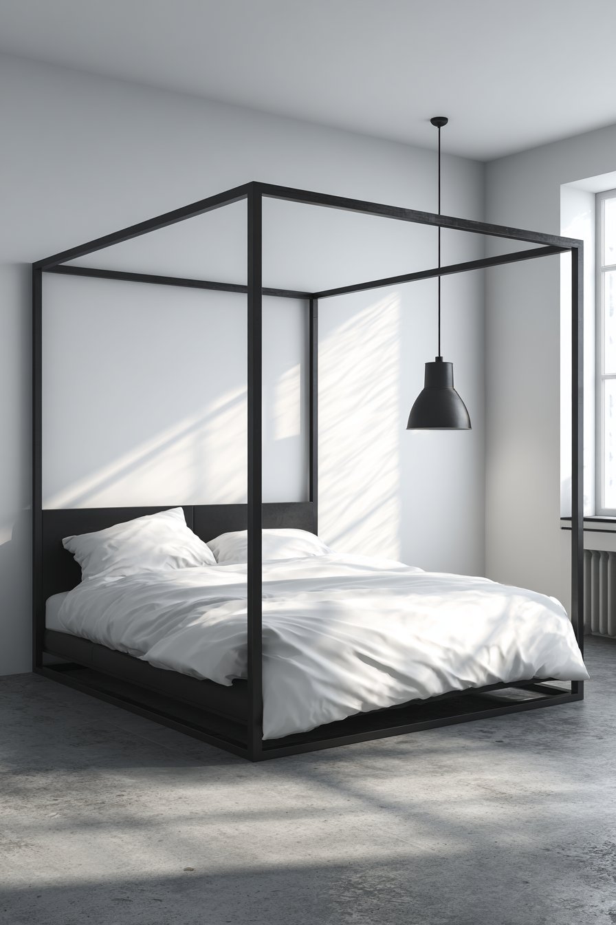 Minimalist Black Metal Four-Poster Bed Frame