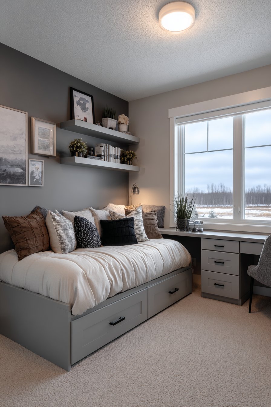 Space-Efficient Grey Bedroom for Small Rooms