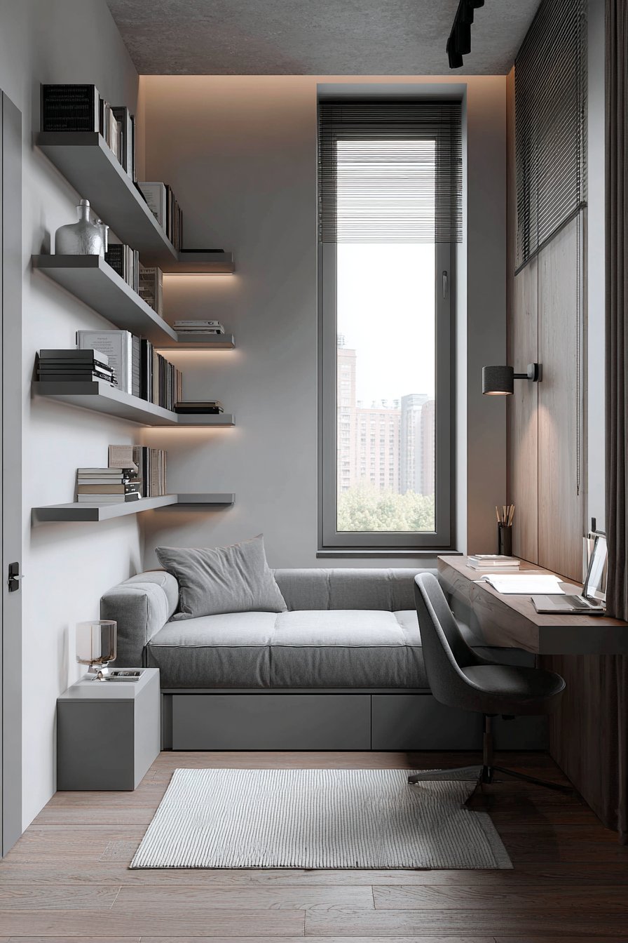 Space-Efficient Grey Bedroom for Small Rooms