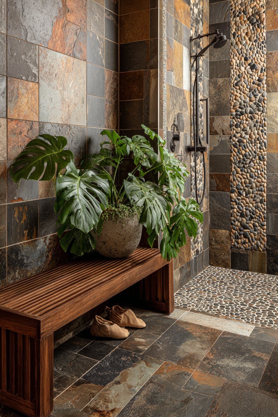 Stacked Slate Shower with Teak Wood Bench
