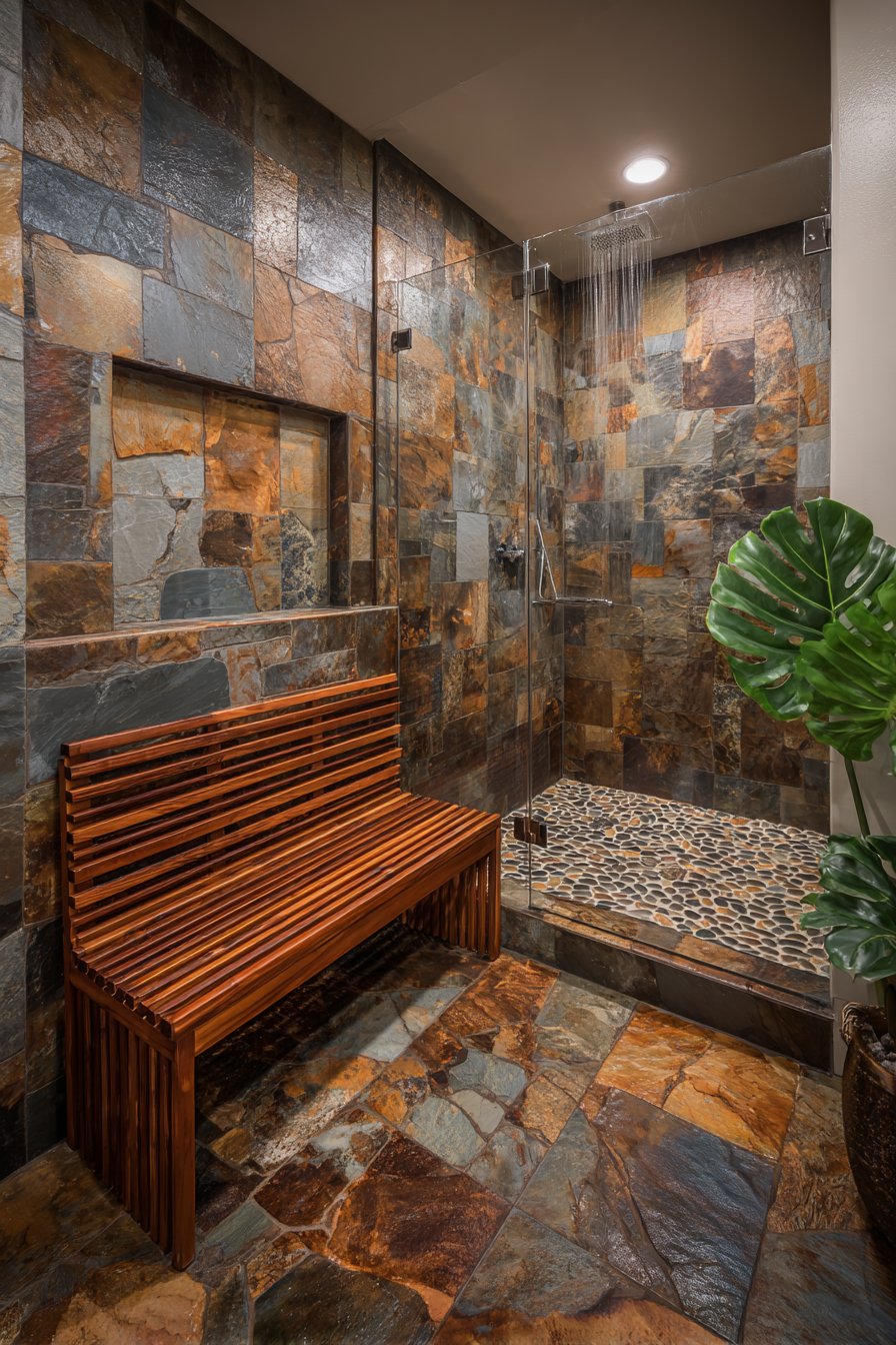 Stacked Slate Shower with Teak Wood Bench
