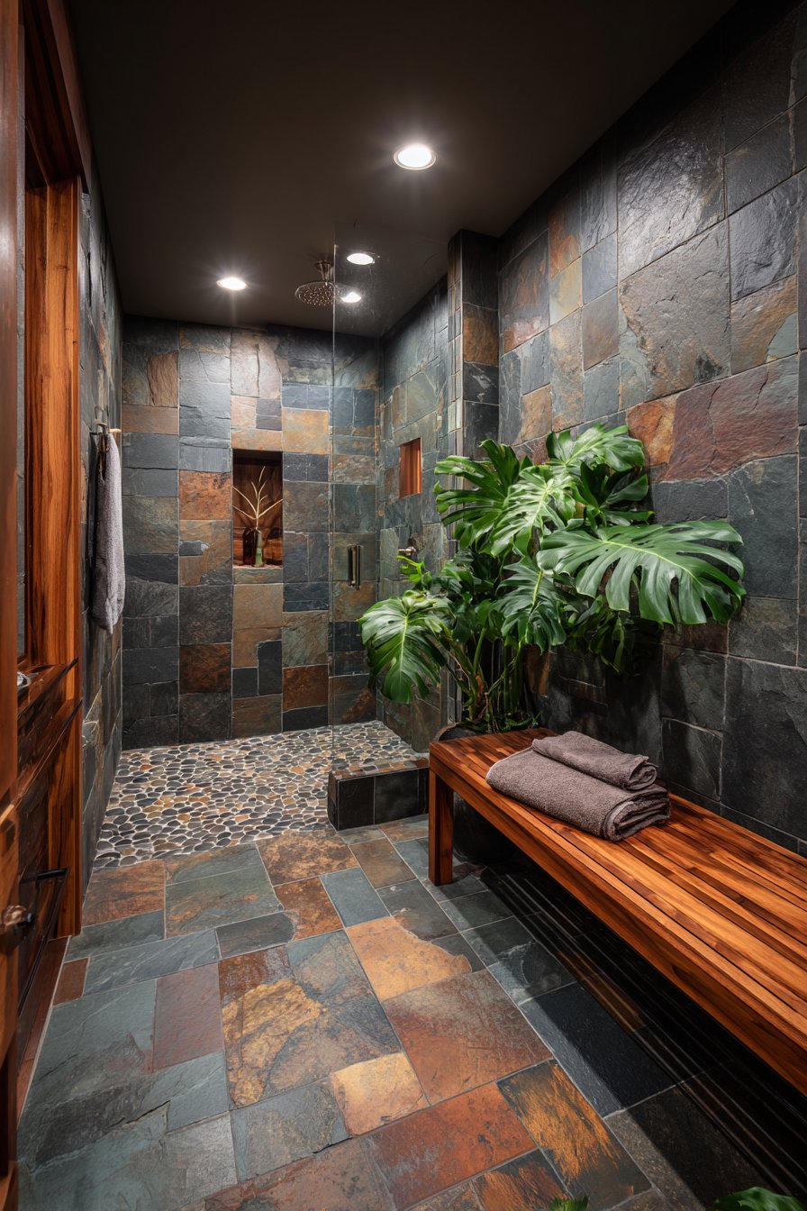 Stacked Slate Shower with Teak Wood Bench