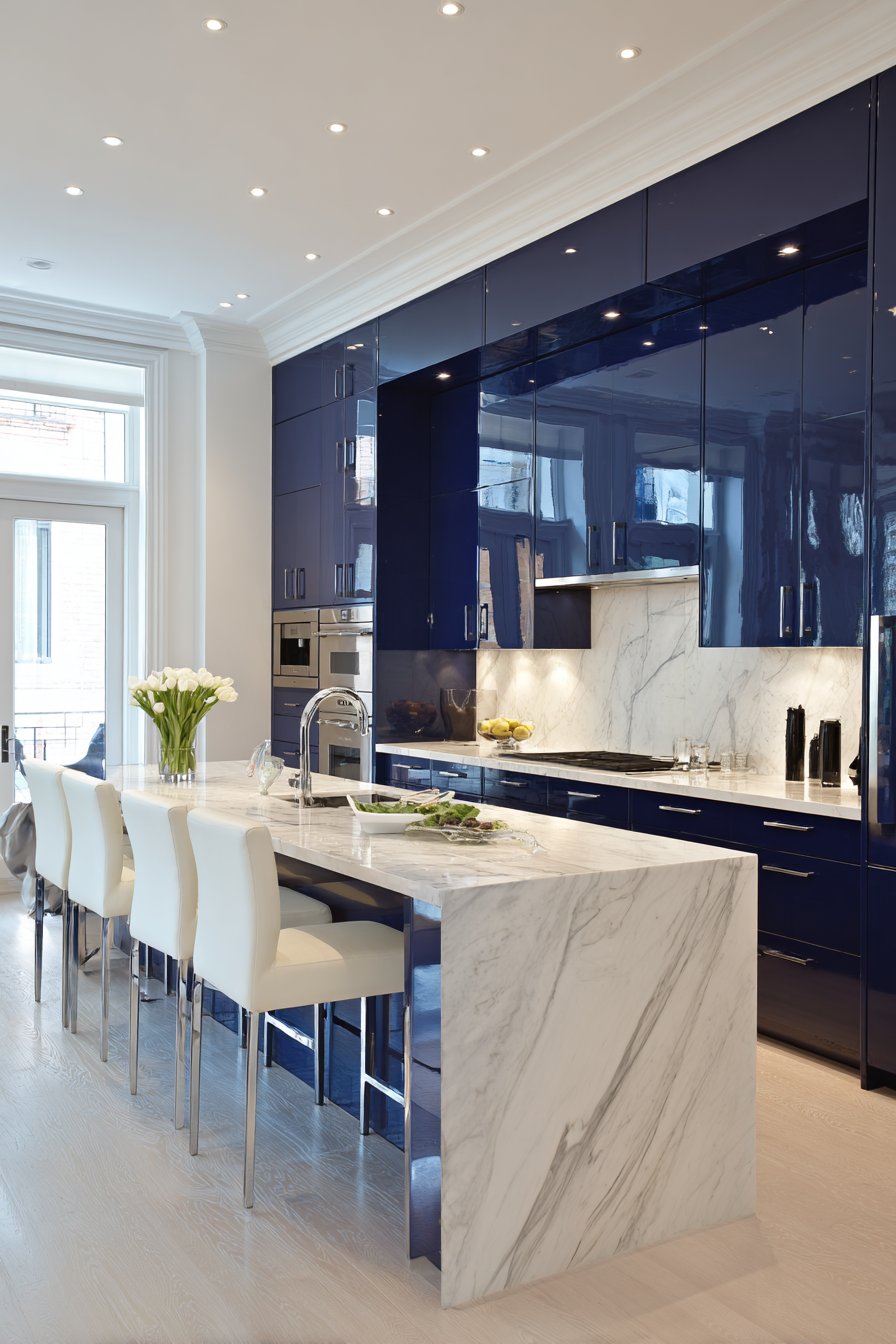 Contemporary Sophistication with High-Gloss Navy Blue Kitchen Cabinets