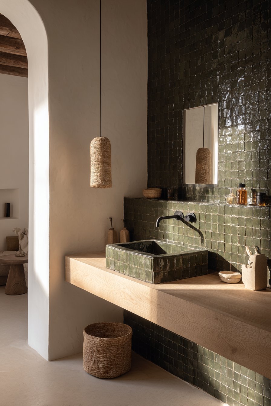 Modern Accent Wall with Handmade Olive Green Zellige Tiles