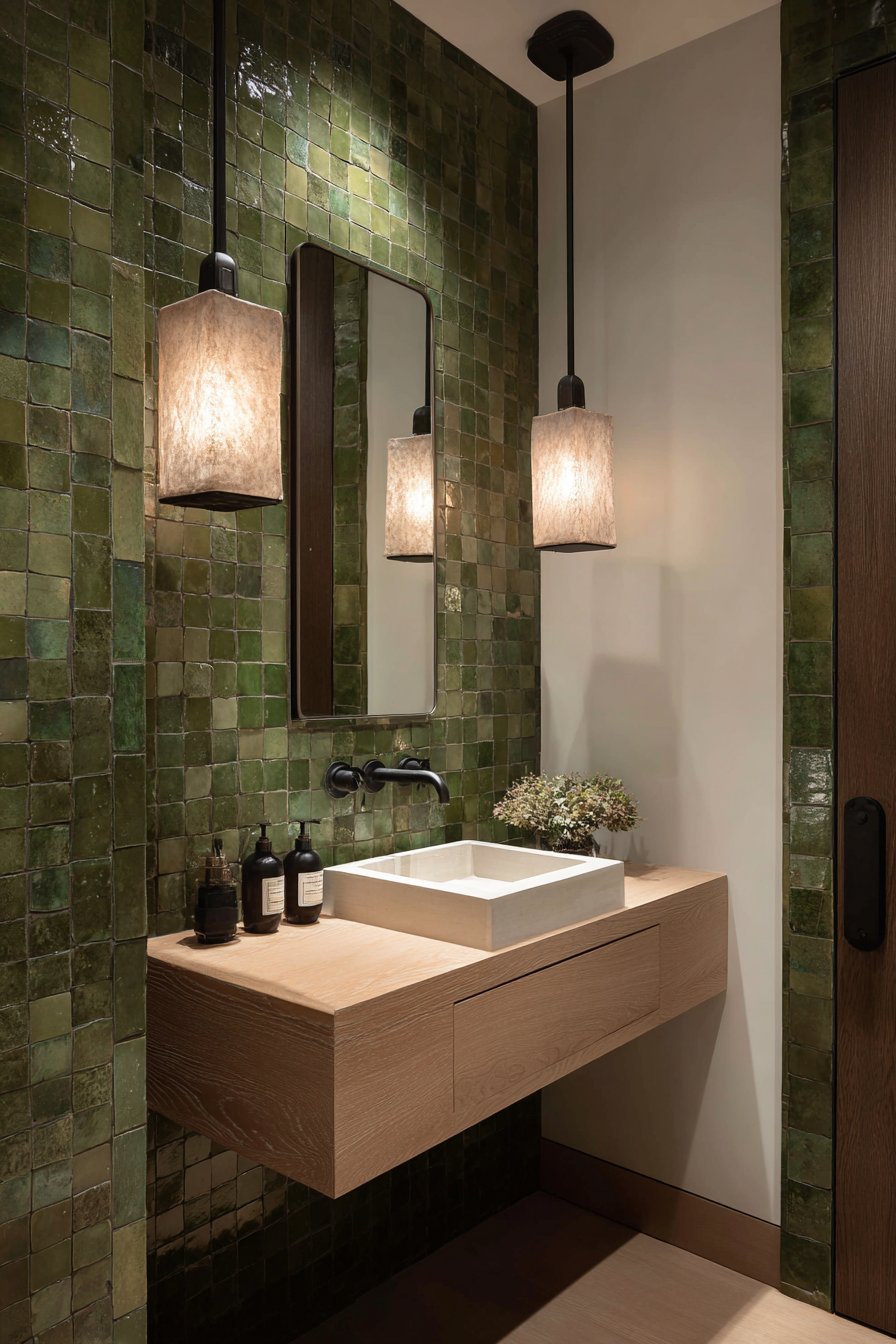 Modern Accent Wall with Handmade Olive Green Zellige Tiles