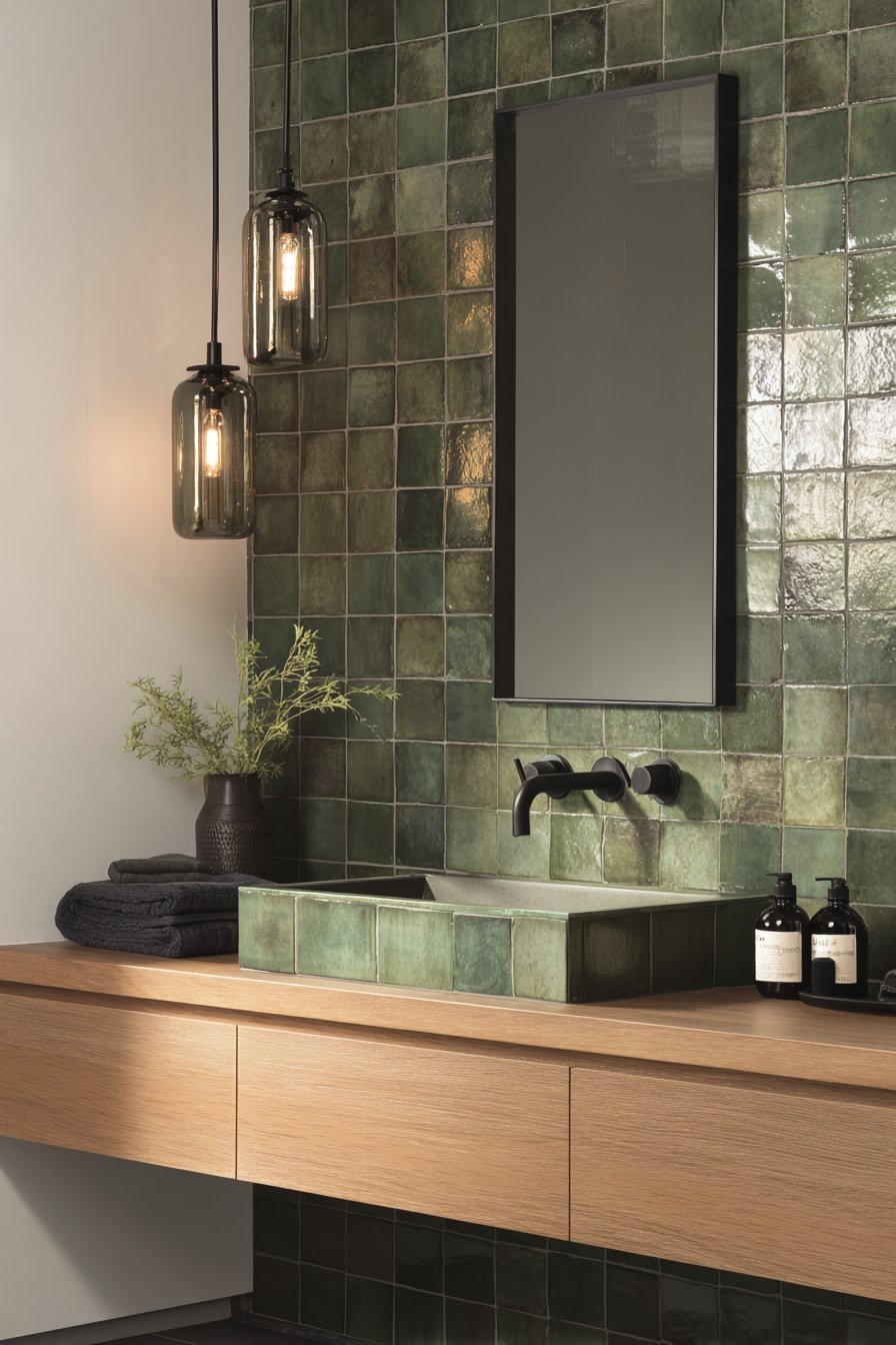 Modern Accent Wall with Handmade Olive Green Zellige Tiles