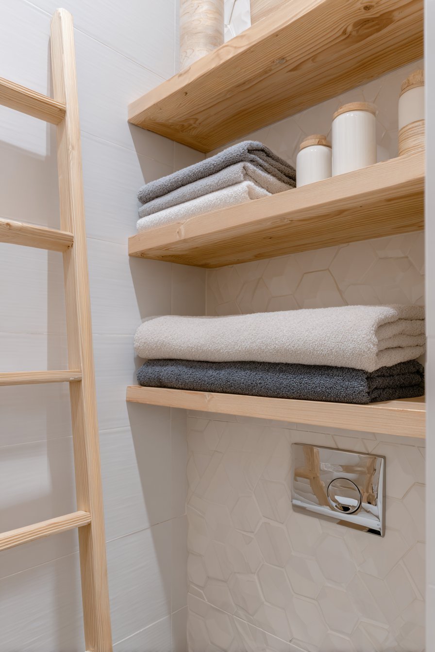 Functional Scandinavian Bathroom with Open Shelving Storage